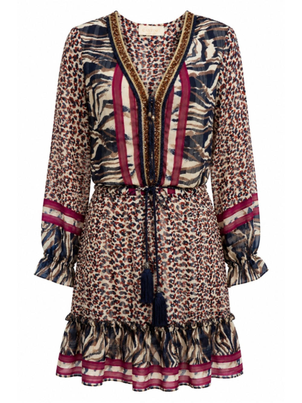 Casting France Animal Print Beaded Tunic Dress Sheer Boho Resort Sz M Metal Jems